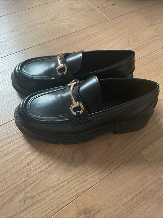 H&M Shoes - Women’s Black Leather Loafers with Gold Hardware